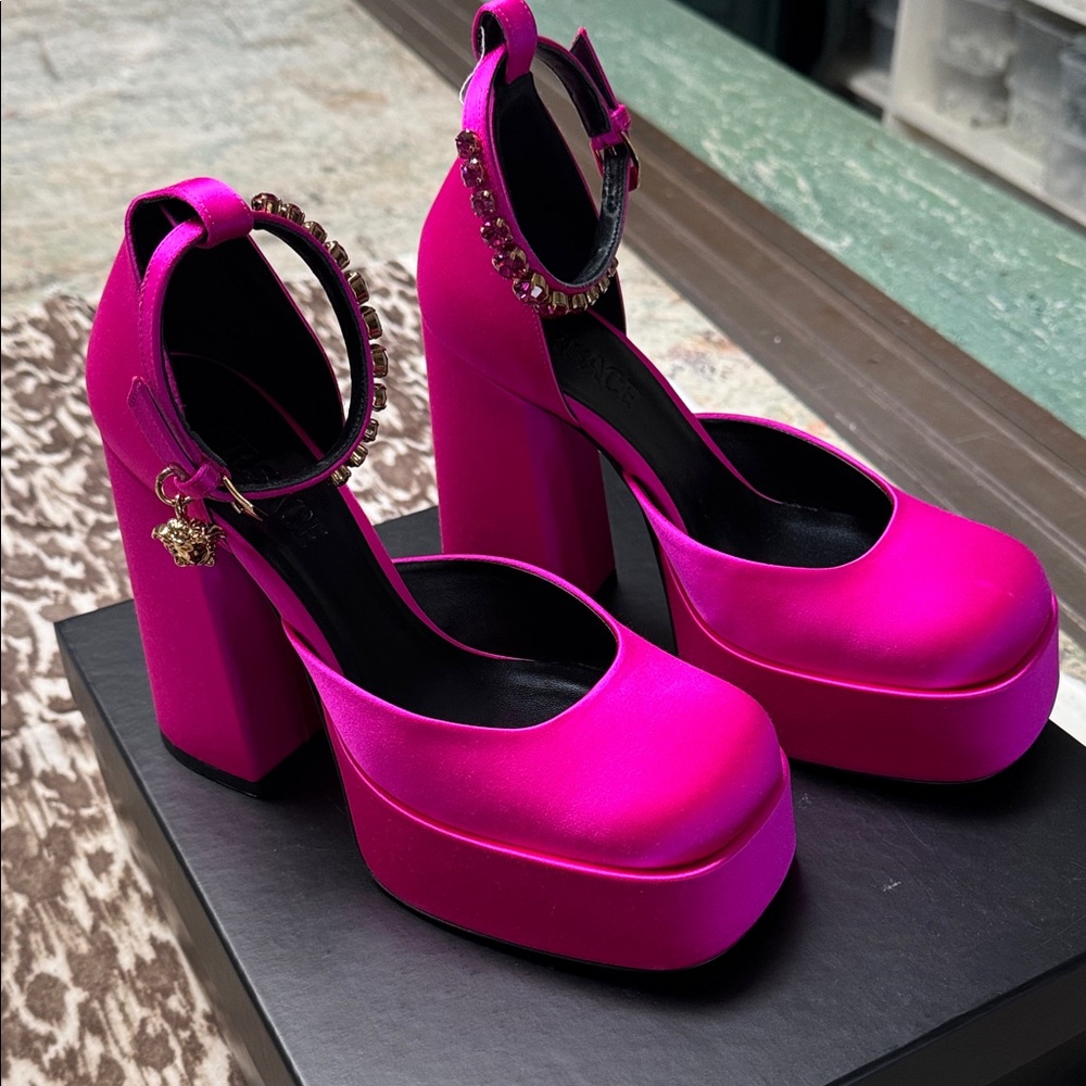 Versace Fuchsia and Gold Strass Heels